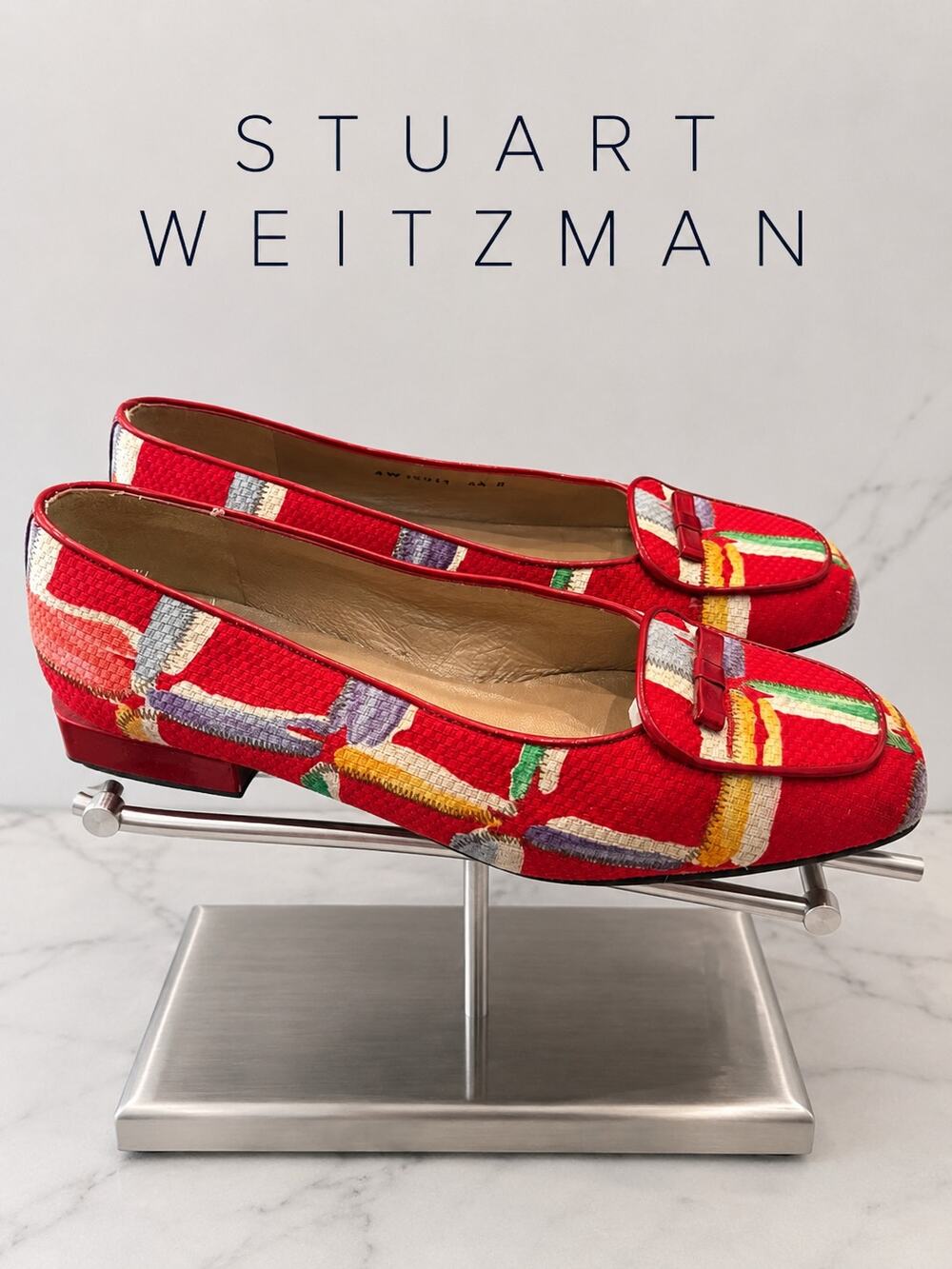 Vintage Stuart Weitzman Red Multicolor Woven Bow Flats 6.5 B